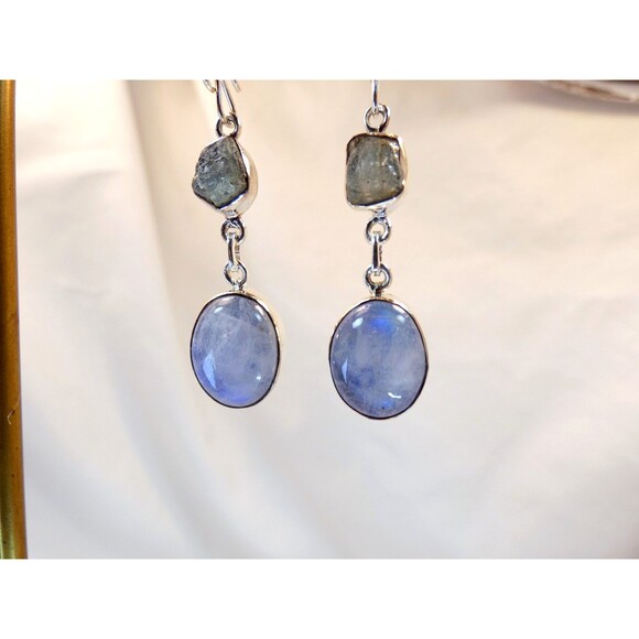 Natural Blue Rainbow Moonstone Raw Apatite Sterling Silver Drop Earrings - Picture 4 of 4
